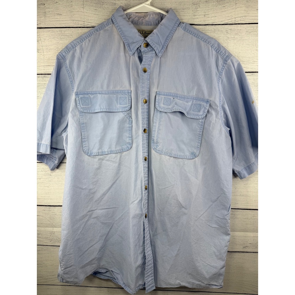L.L. Bean Mens Button Down Shirt Short Sleeve Blue Outdoor Fishing Large